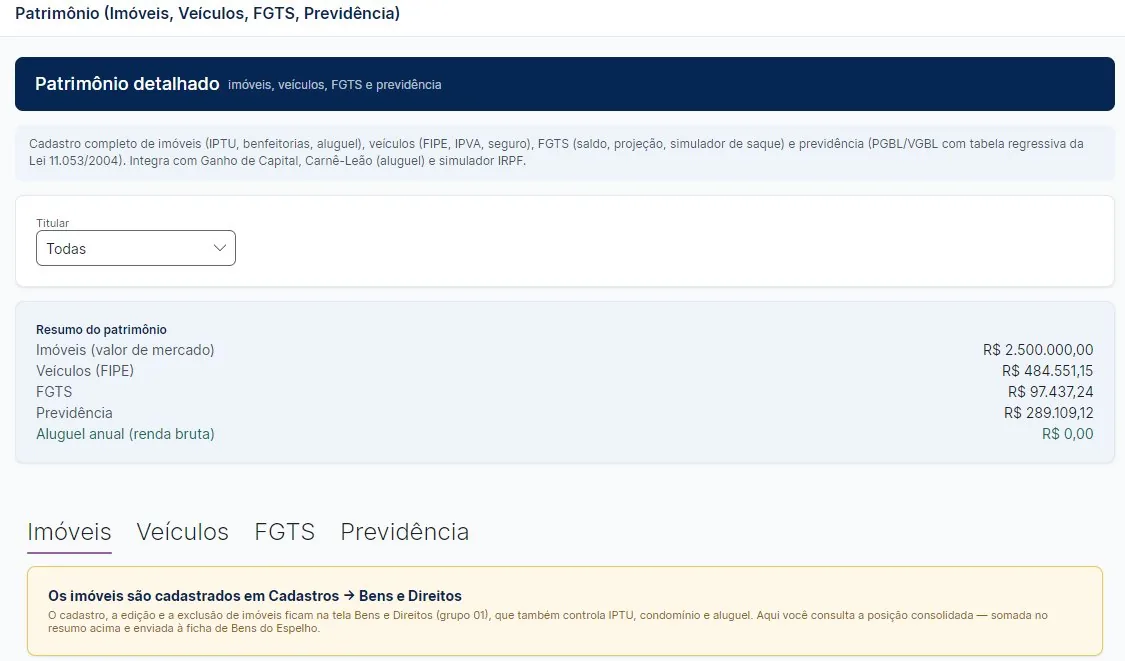 Tela de patrimônio detalhado