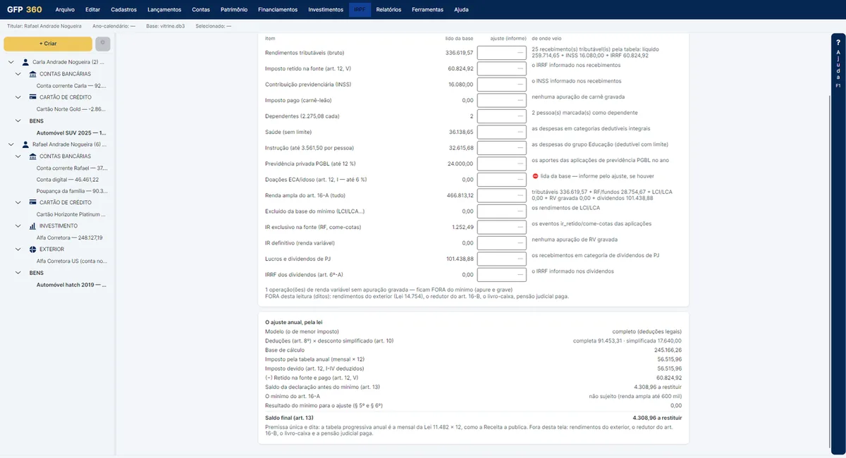 Tela Ajuste anual do GFP360: cada item da declaração com o saldo a restituir